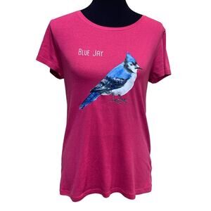 Hand Printed Upcycled Women Large Wingspan Inspired Watercolor Blue Jay Bird Tee